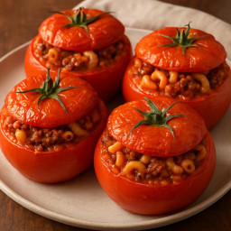 Entree: United States – Tomato-Stuffed Baked Tomatos with Beef and Macaroni recipe
