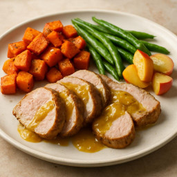Entree: France – Pork Tenderloin with Dijon-Apple Glaze and Roasted Sweet Potatoes recipe