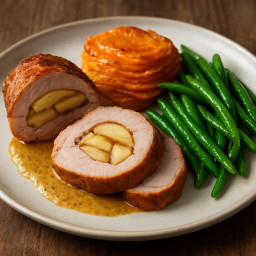 Entree: France – Apple-Stuffed Pork Tenderloin with Layered Sweet Potatoes and Green Beans recipe