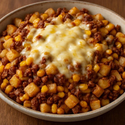 Entree: United States – Beef and Corn Potato Hash with Melted Monterey Jack recipe