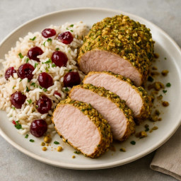 Entree: United States – Pistachio-Crusted Pork Tenderloin with Cherry Basmati Rice recipe