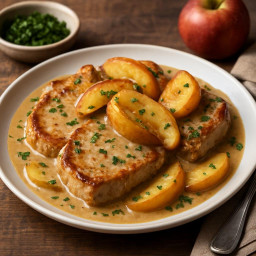 Entree: France – Normandy – Côtelettes de porc à la Normande (Pork chops Normandy-style with cider, apples and cream) recipe