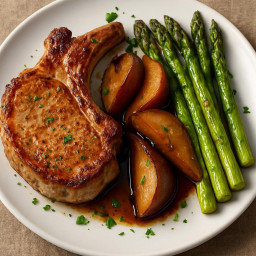 Entree: United States – Pan-Seared Bone-In Pork Chops with Balsamic-Poached Pears and Roasted Asparagus recipe