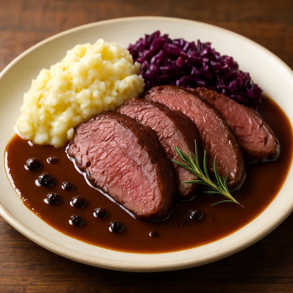 Entree: Bouvet Island – Central Culinary Region – Stekt reinsdyr med einerbærsaus (Roast Reindeer with Juniper Sauce) recipe