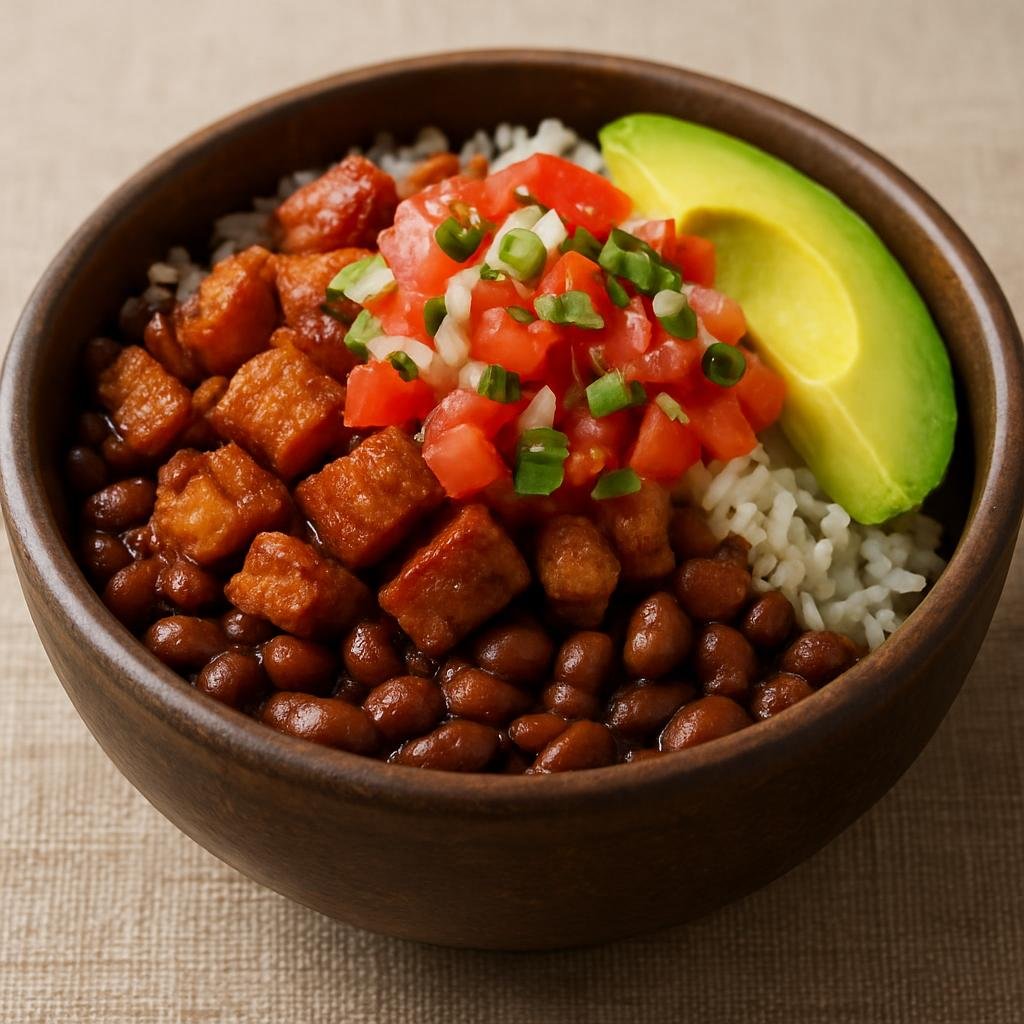 Entree: Costa Rica – Central Culinary Region – Chifrijo (Rice and beans topped with fried pork, pico de gallo and avocado) recipe