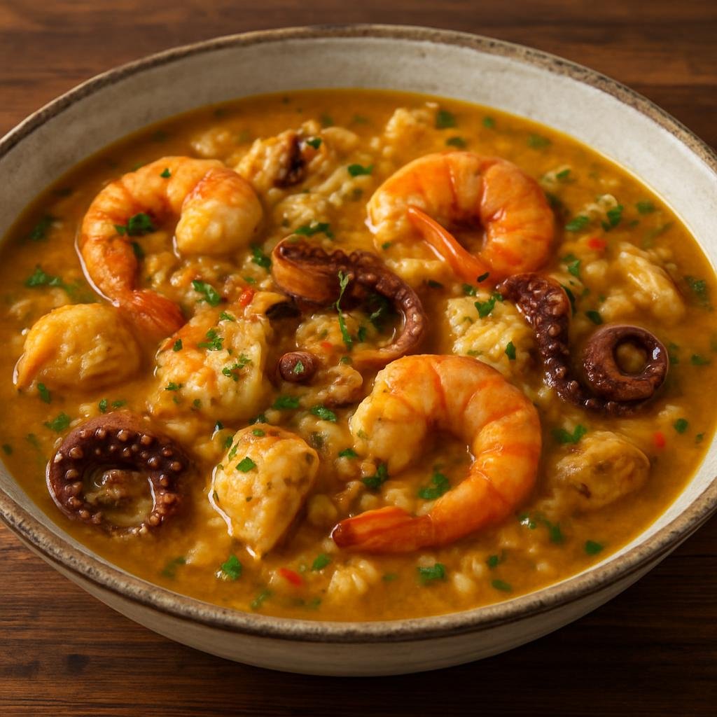 Entree: Panama – Guacho de Mariscos (Hearty Panamanian seafood and rice stew cooked in a savory, slightly coconut-scented broth) recipe