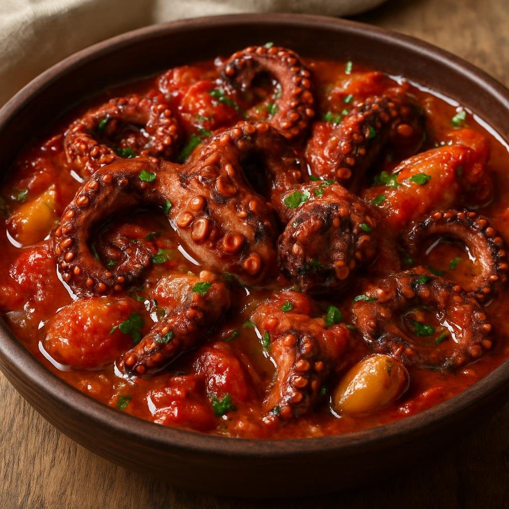 Entree: Réunion – Zourite à la Créole (Creole-style octopus stew braised in tomatoes, garlic, and island aromatics) recipe