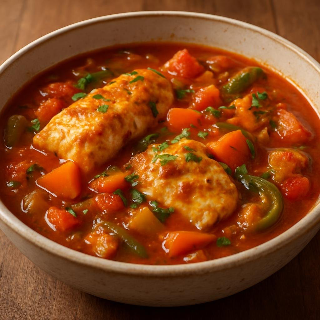Entree: Saint Helena, Ascension and Tristan da Cunha – Spicy Fish Stew (Island-style spicy tomato-based fish stew with firm white fish and aromatic vegetables) recipe