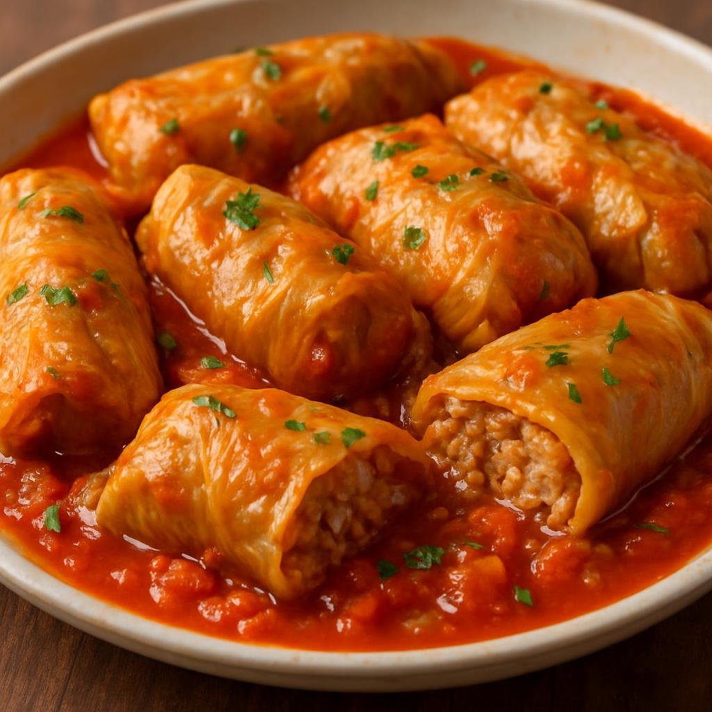 Entree: Russia – Arctic North – Голубцы ➤ Golubtsy (Cabbage leaves filled with seasoned meat and rice, cooked in a savory tomato sauce) recipe