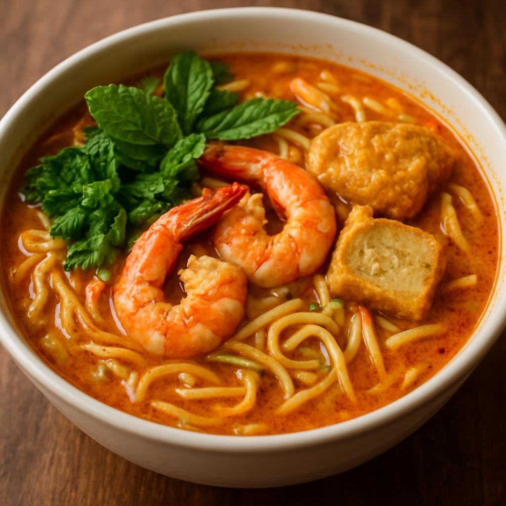 Entree: Malaysia – Kuala Lumpur – Curry Mee (Spicy coconut curry noodle soup with seafood, tofu puffs, and herbs) recipe