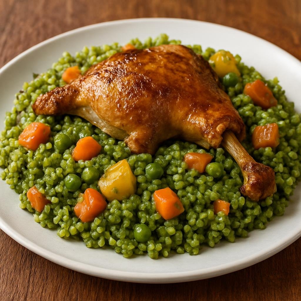 Entree: Peru – Afro-Peruvian – Arroz con Pato (Peruvian cilantro- and beer-flavored rice cooked with duck and vegetables) recipe
