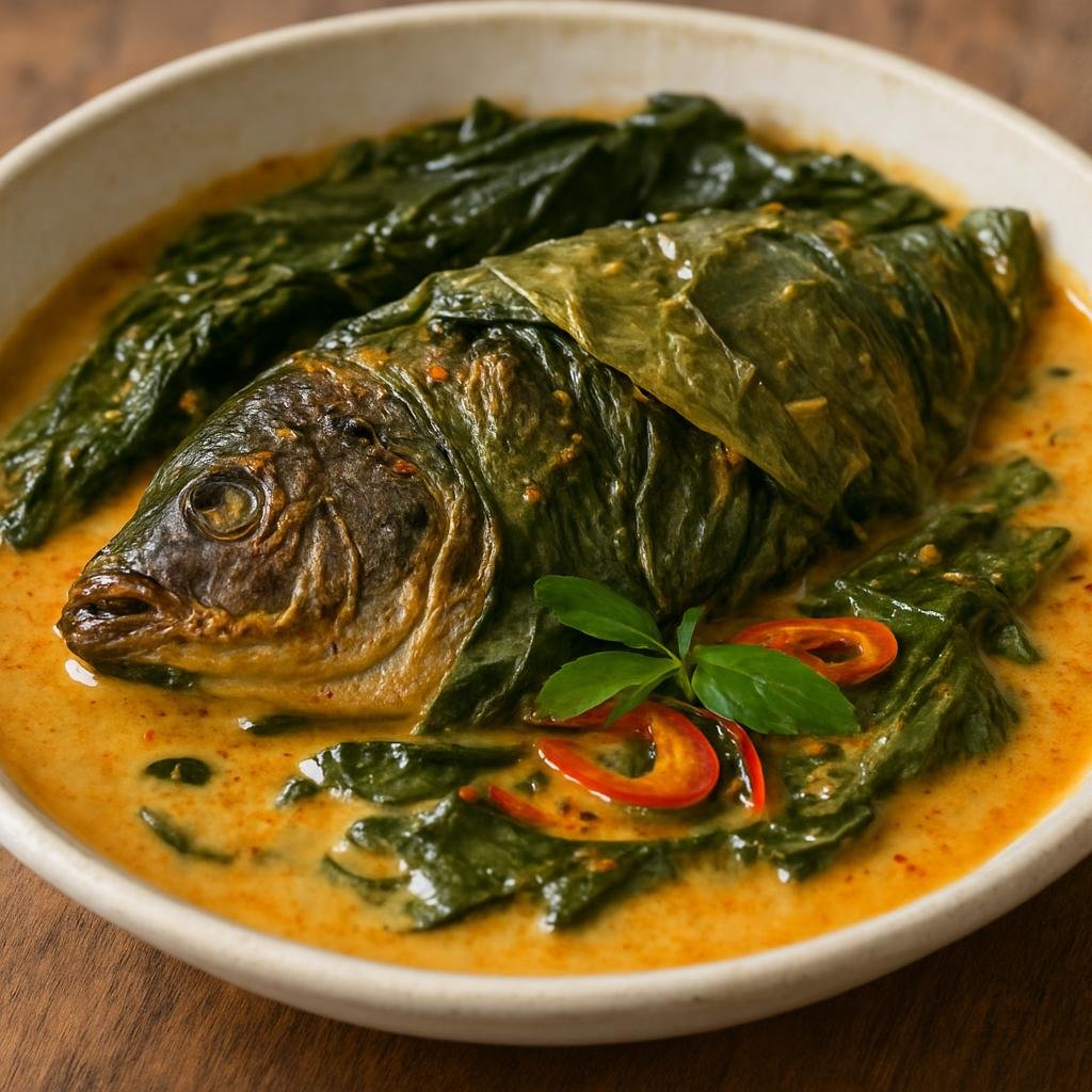 Entree: Philippines – Bicol – Sinanglay na Tilapia (Tilapia wrapped in leafy greens and simmered in spicy coconut milk from Bicol) recipe