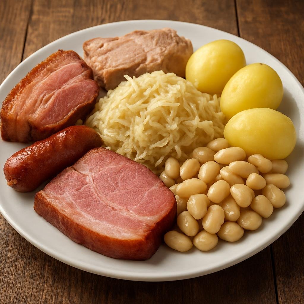 Entree: Switzerland – Alpine Switzerland – Berner Platte (Platter of mixed boiled and smoked meats served with sauerkraut, beans and potatoes) recipe