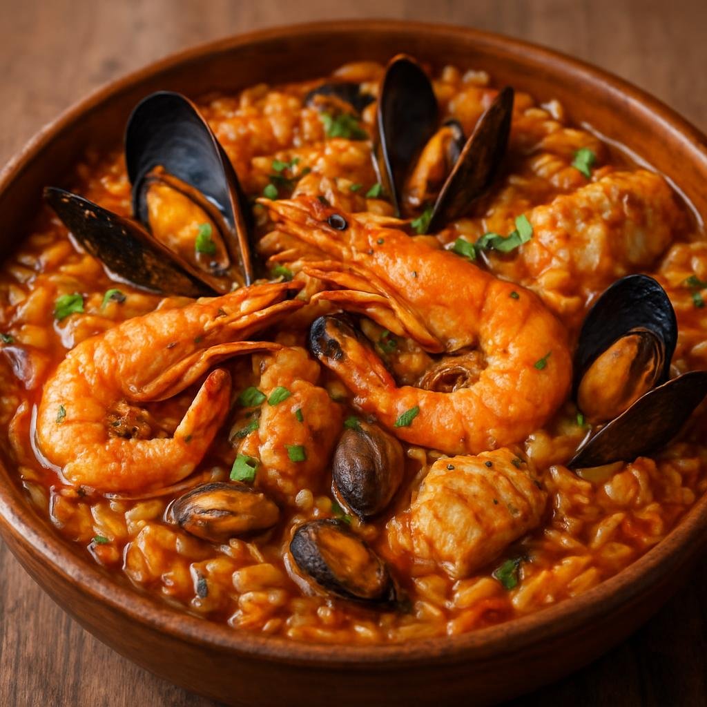 Entree: Guinea-Bissau – National Cuisine – Arroz de Marisco (West African seafood and tomato rice cooked with mixed shellfish and fish in a spiced broth) recipe