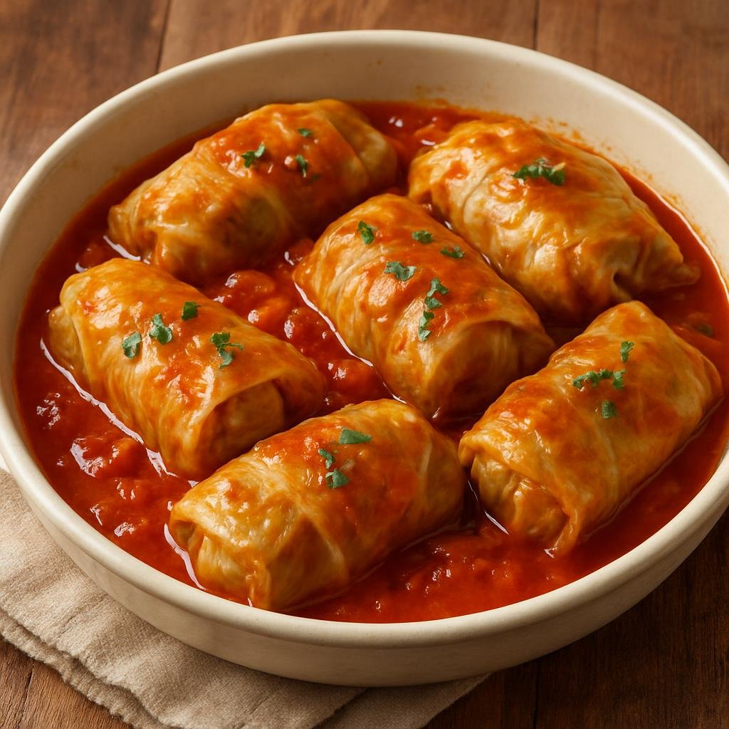 Entree: Lithuania – National Cuisine – Balandėliai (Lithuanian cabbage rolls stuffed with seasoned meat and rice, braised in a tangy tomato sauce) recipe