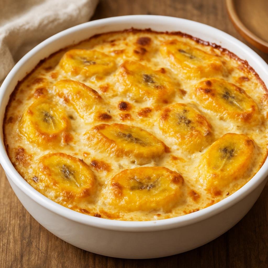 Entree: Martinique – National Cuisine – Gratin de Banane Jaune (Baked savory gratin of ripe yellow plantains in cream and cheese) recipe