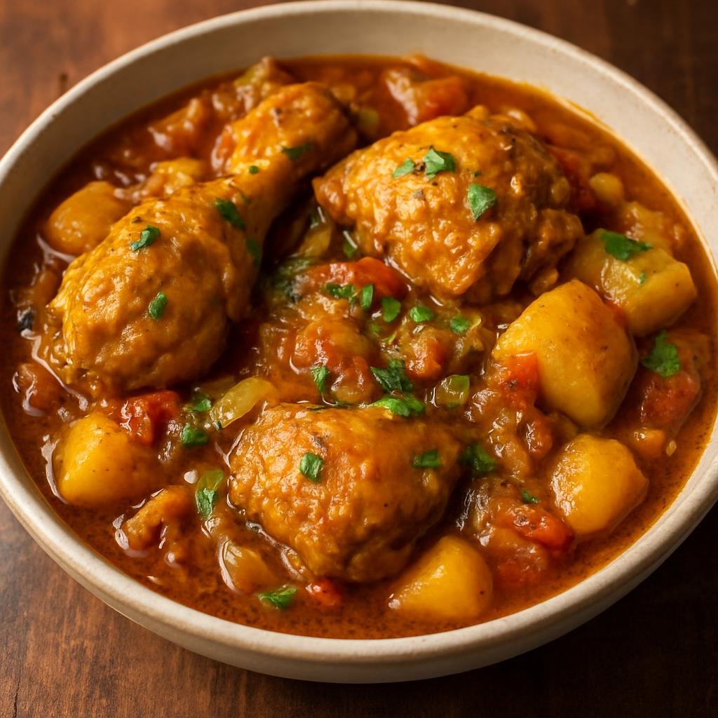 Entree: Mauritius – National Cuisine – Cari Poule (Mauritian Creole chicken curry cooked with onions, spices, tomatoes, and potatoes) recipe