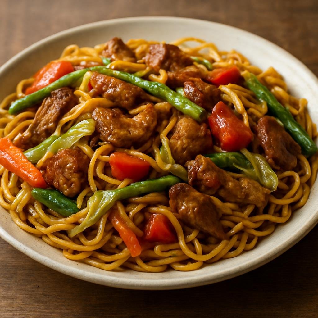 Entree: New Caledonia – National Cuisine – Bami (Stir-fried seasoned egg noodles with vegetables and savory meat) recipe