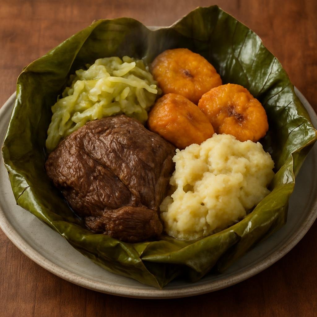 Entree: Nicaragua – National Cuisine – Baho (Steamed banana-leaf packet of beef, plantains, yuca, and cabbage) recipe