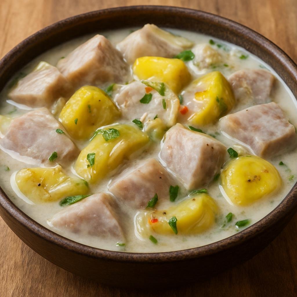 Entree: Papua New Guinea – National Cuisine – Taro and Banana (A hearty Pacific Island stew of taro root and green banana simmered in coconut milk with aromatics) recipe