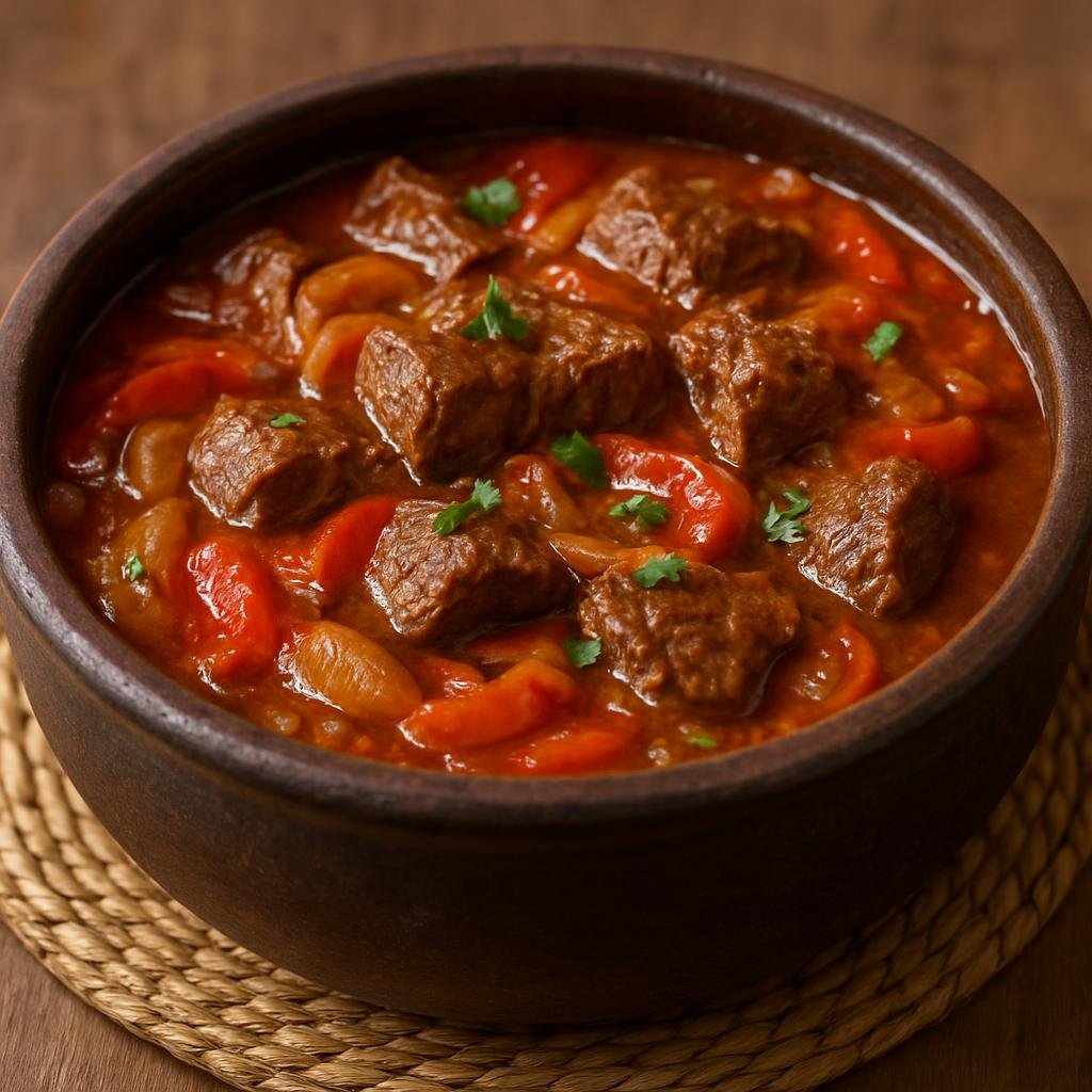 Entree: Paraguay – National Cuisine – Asado a la Olla (A Paraguayan pot-braised beef stew slowly cooked with onions, peppers and tomatoes until melt-in-your-mouth tender) recipe
