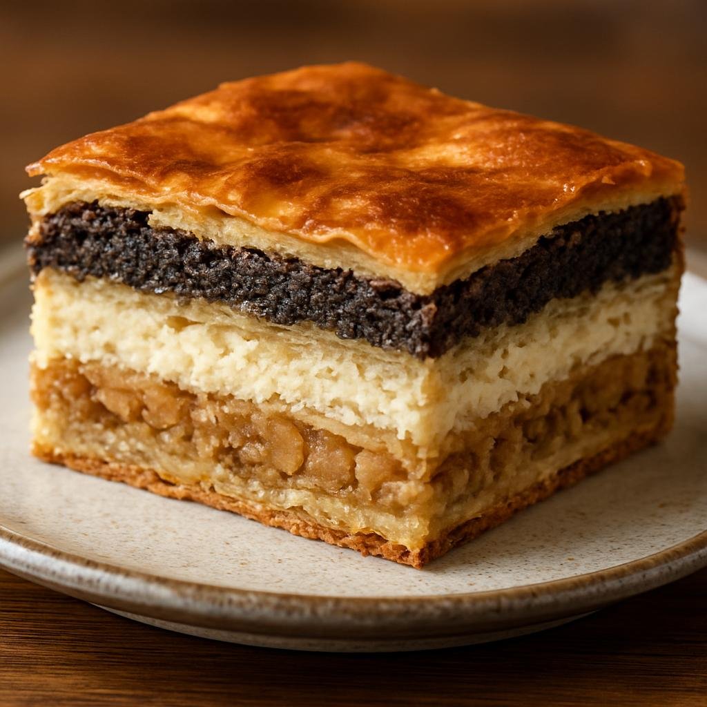 Entree: Slovenia – National Cuisine – Prekmurska Gibanica (A rich, multi-layered Slovenian pastry composed of alternating thin dough and four traditional fillings: poppy seed, quark cheese, apple, and walnut) recipe