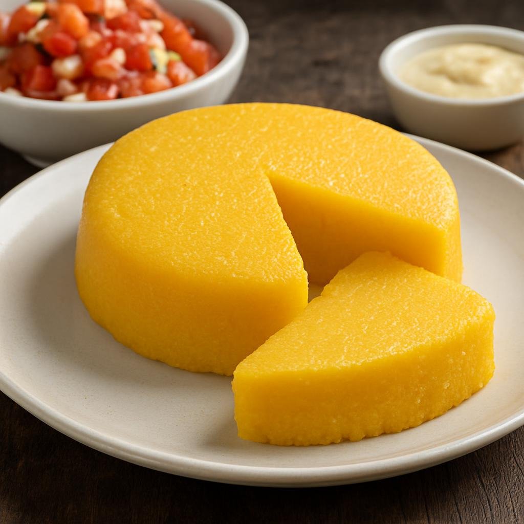 Entree: Aruba – Funchi (Firm cornmeal polenta formed or sliced and often served boiled or fried as a staple starch) recipe