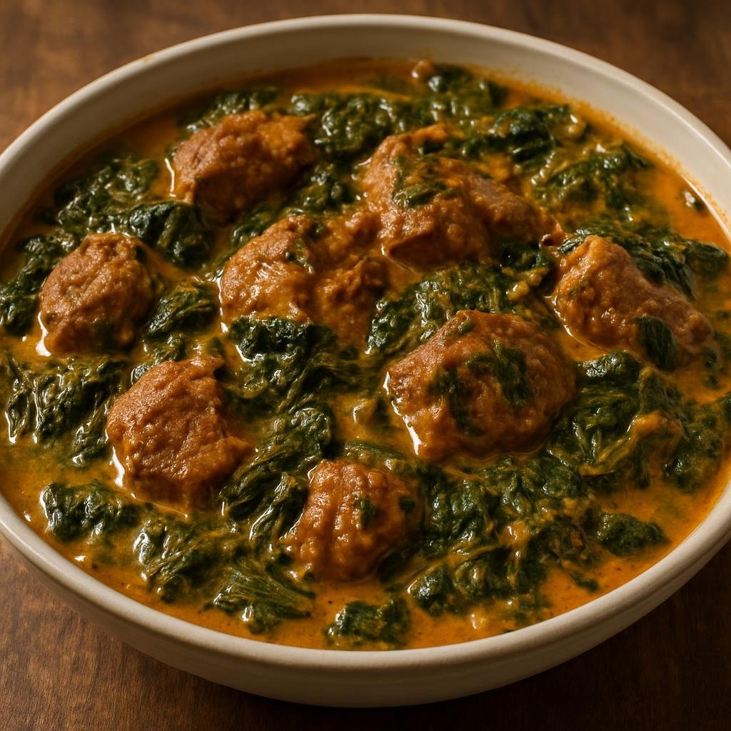 Entree: Gambia – Plasas (Hearty West African stew of cooked greens and meat enriched with peanut-flavored sauce) recipe