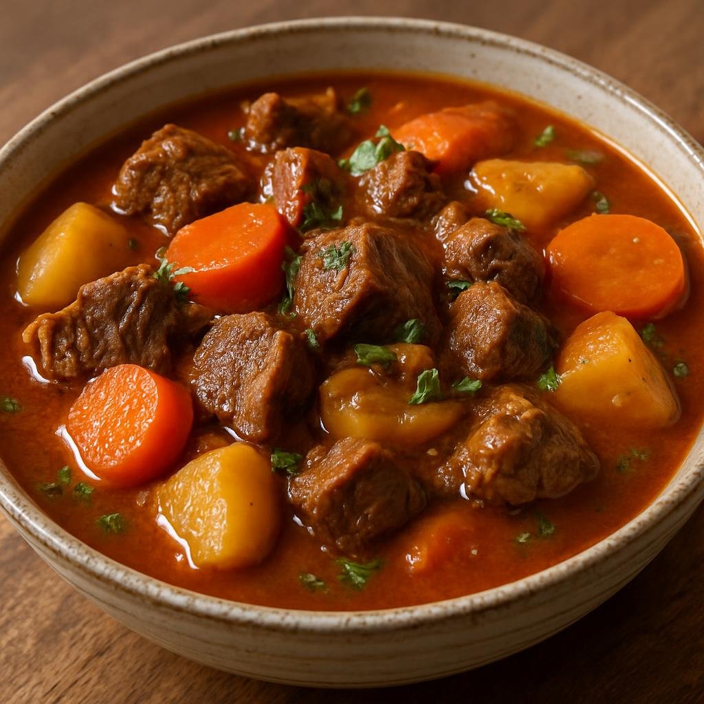 Entree: Lesotho – Sesotho Beef Stew (Hearty slow-simmered Basotho beef with root vegetables in a savory tomato broth) recipe