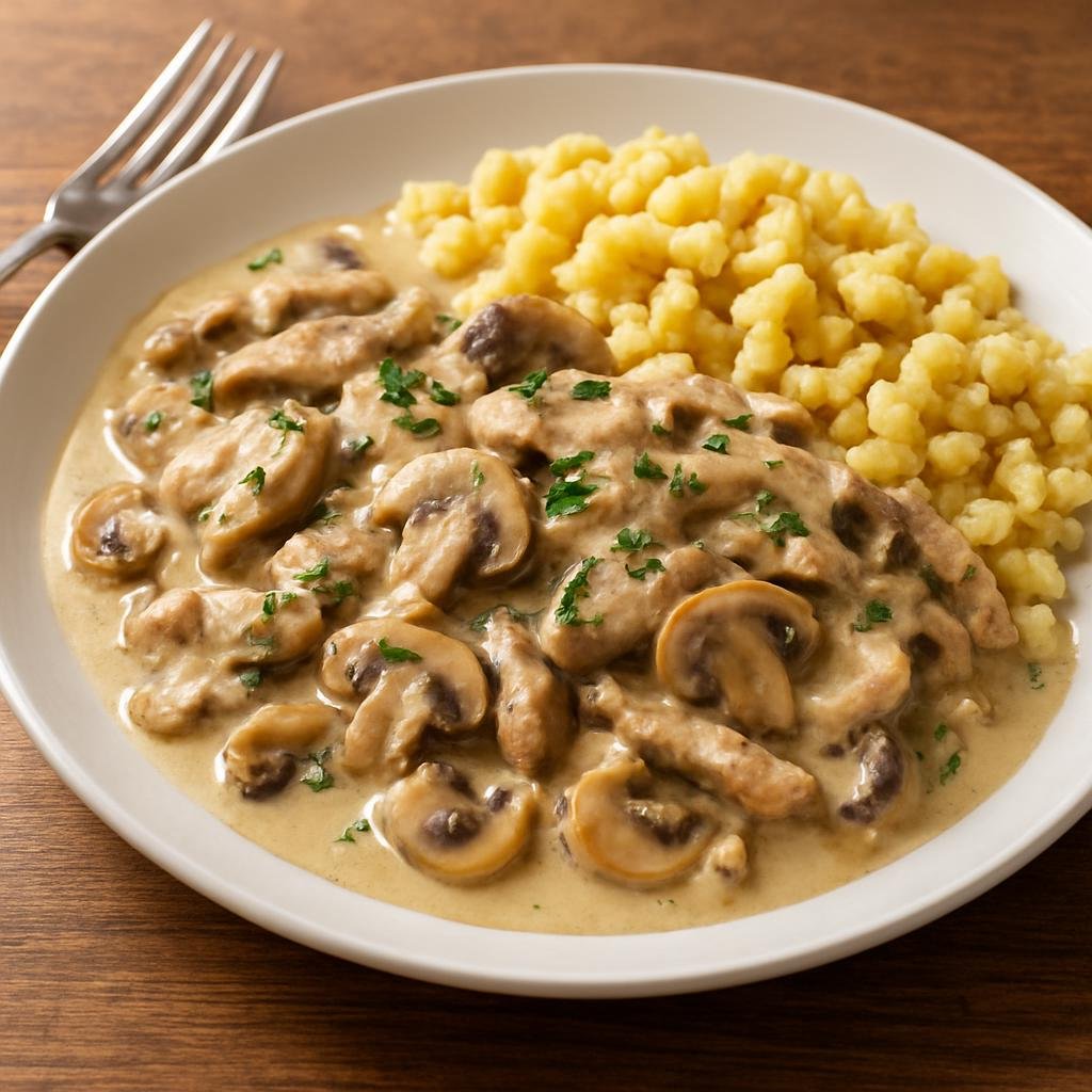 Entree: Liechtenstein – Kalbsgeschnetzeltes (Thinly sliced veal in a creamy mushroom and white wine sauce) recipe