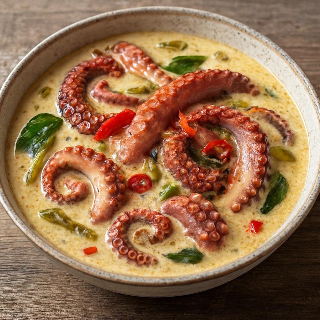 Entree: Nauru – Octopus in Coconut Milk (Octopus simmered in creamy coconut milk with aromatics and chilies, a traditional Nauruan seafood stew) recipe