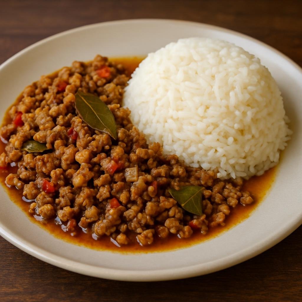 Entree: Myanmar – Bamar Central Myanmar – ဝက်သားဒုတ်ထိုး ➤ Wet thar dote htoe (Savory Bamar-style seasoned minced pork stir-fry served with rice) recipe