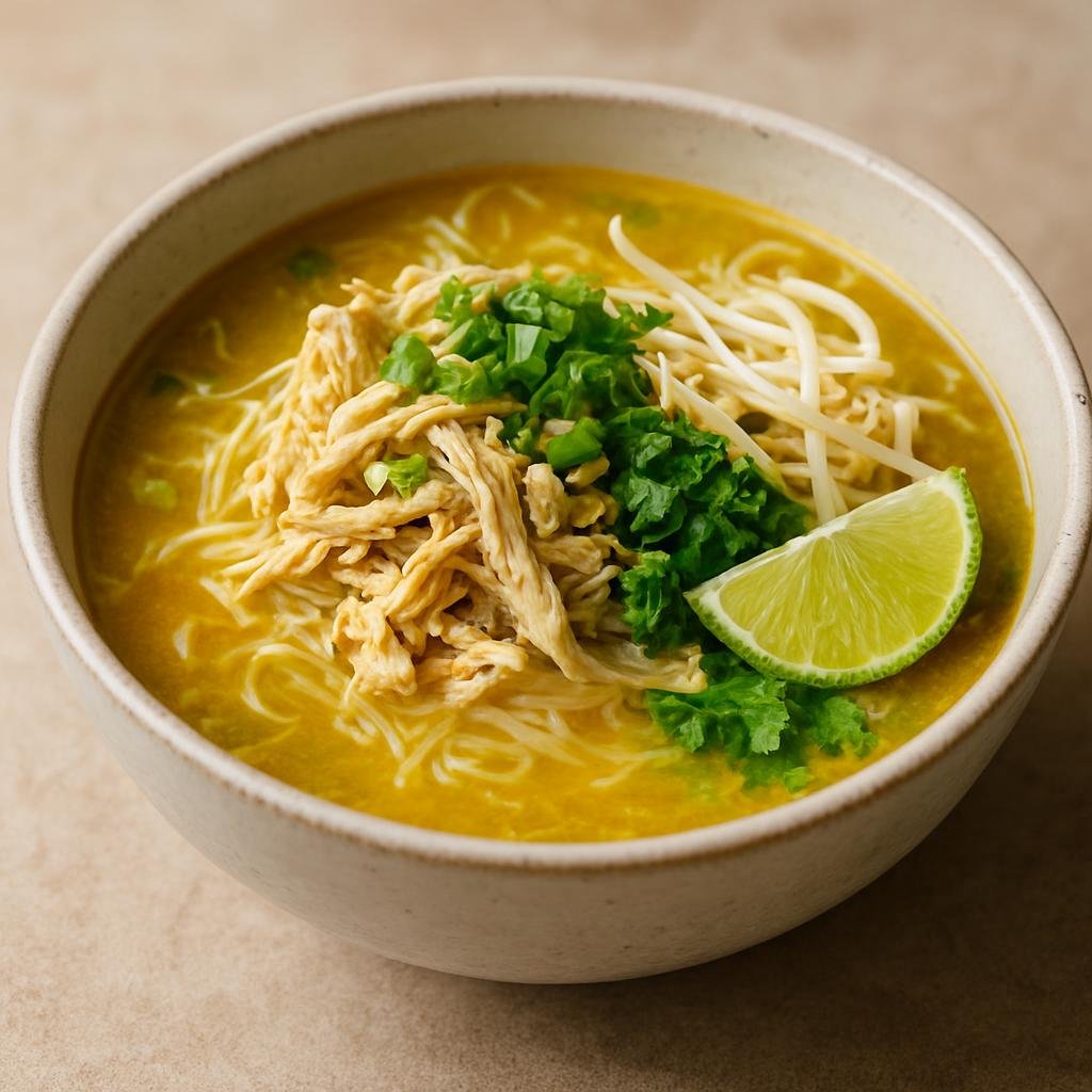 Entree: Netherlands – Dutch Indonesian Rijsttafel – Soto Ayam (Turmeric-scented Indonesian chicken soup with shredded chicken, rice vermicelli, and fresh garnishes) recipe