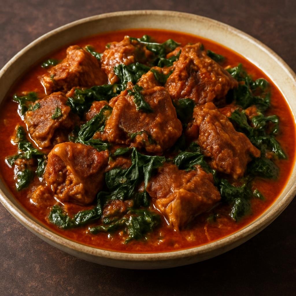 Entree: Republic of the Congo – National Cuisine – Ntaba (Braised goat stew in palm oil with tomato, ginger, and leafy greens) recipe