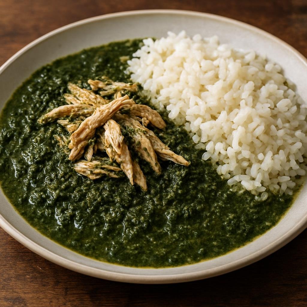 Entree: South Sudan – National Cuisine – Molokhia (Leafy jute-leaf stew simmered with garlic, coriander, and shredded chicken, served with rice) recipe