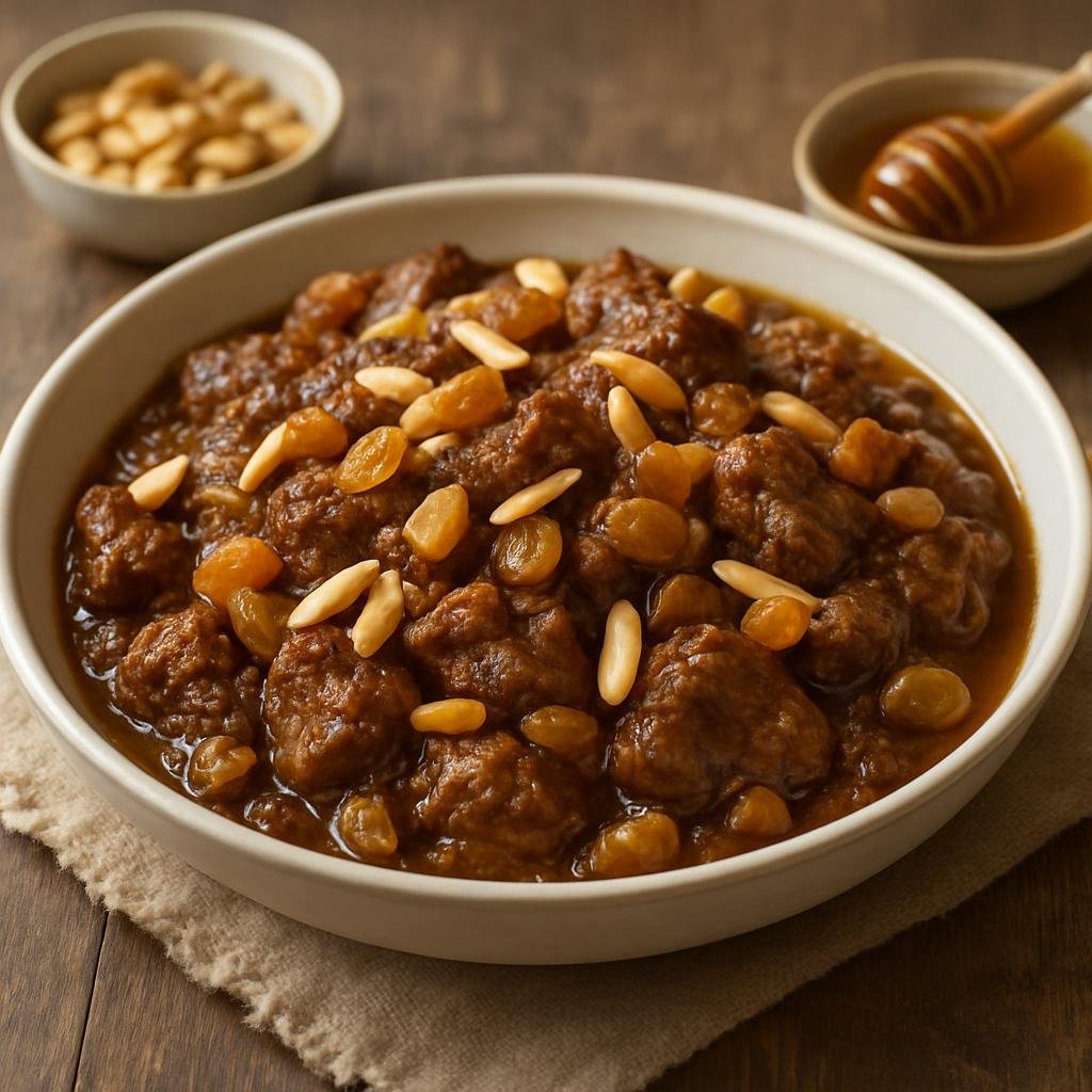 Entree: Western Sahara – National Cuisine – Mrouzia (Sweet-and-savory spiced lamb stew with honey, raisins, and toasted almonds) recipe