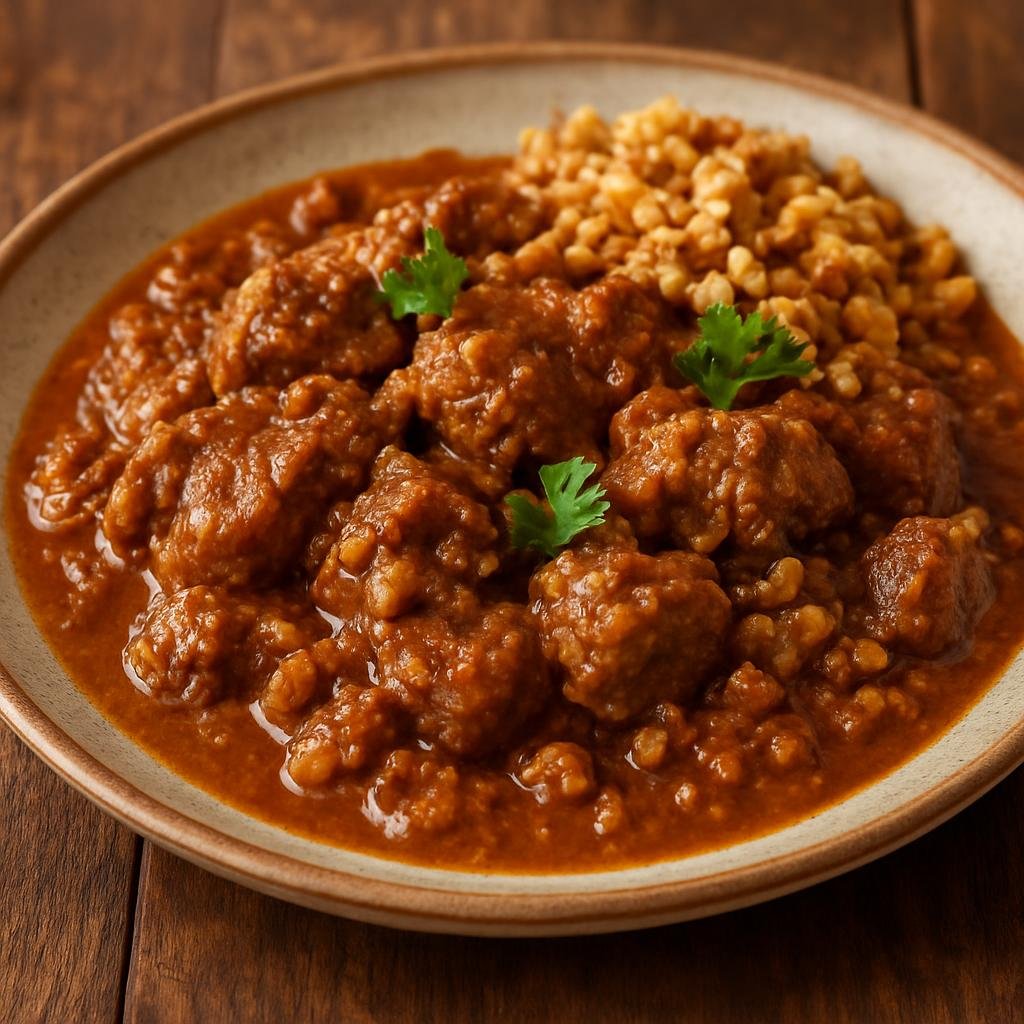 Entree: Albania – Mish me Arra (Slow-cooked meat in a rich spiced walnut sauce) recipe