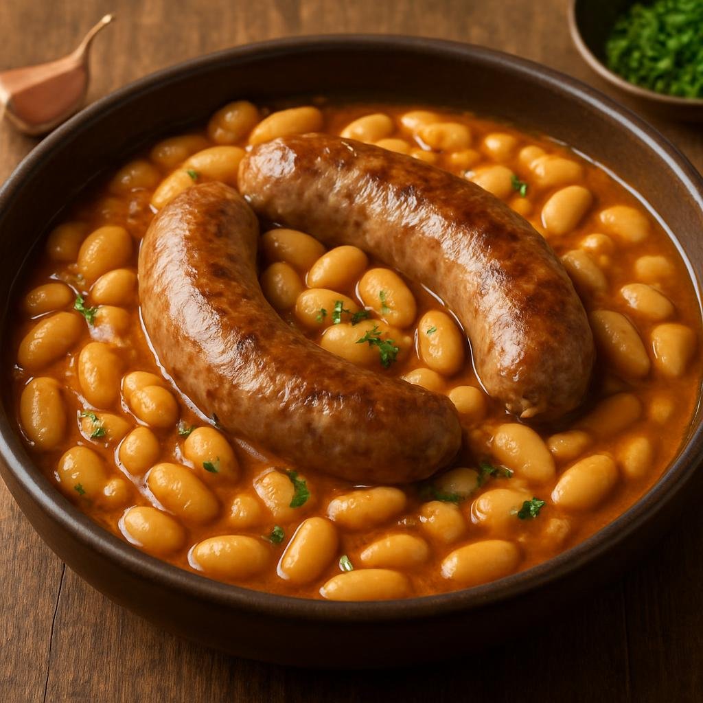 Entree: Andorra – Botifarra amb Mongetes (Catalan pork sausages served with a garlicky stewed white bean ragout) recipe