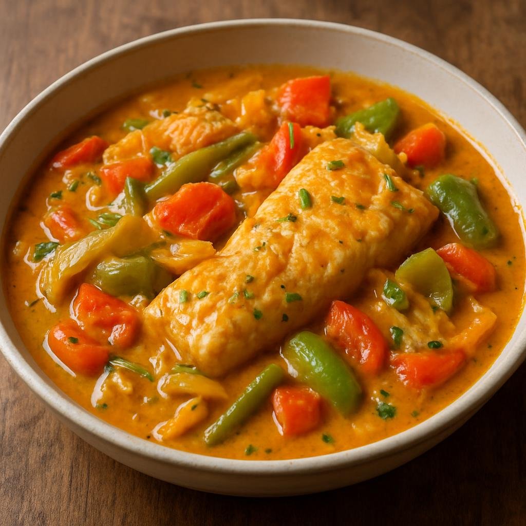 Entree: Cayman Islands – Fish Rundown (Fish stewed in reduced coconut milk with aromatics and vegetables) recipe