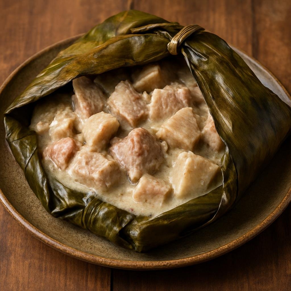 Entree: Cook Islands – Central Culinary Region – Mitiore (Cook Islands baked dish of pork and taro cooked in coconut cream and wrapped in banana leaf) recipe