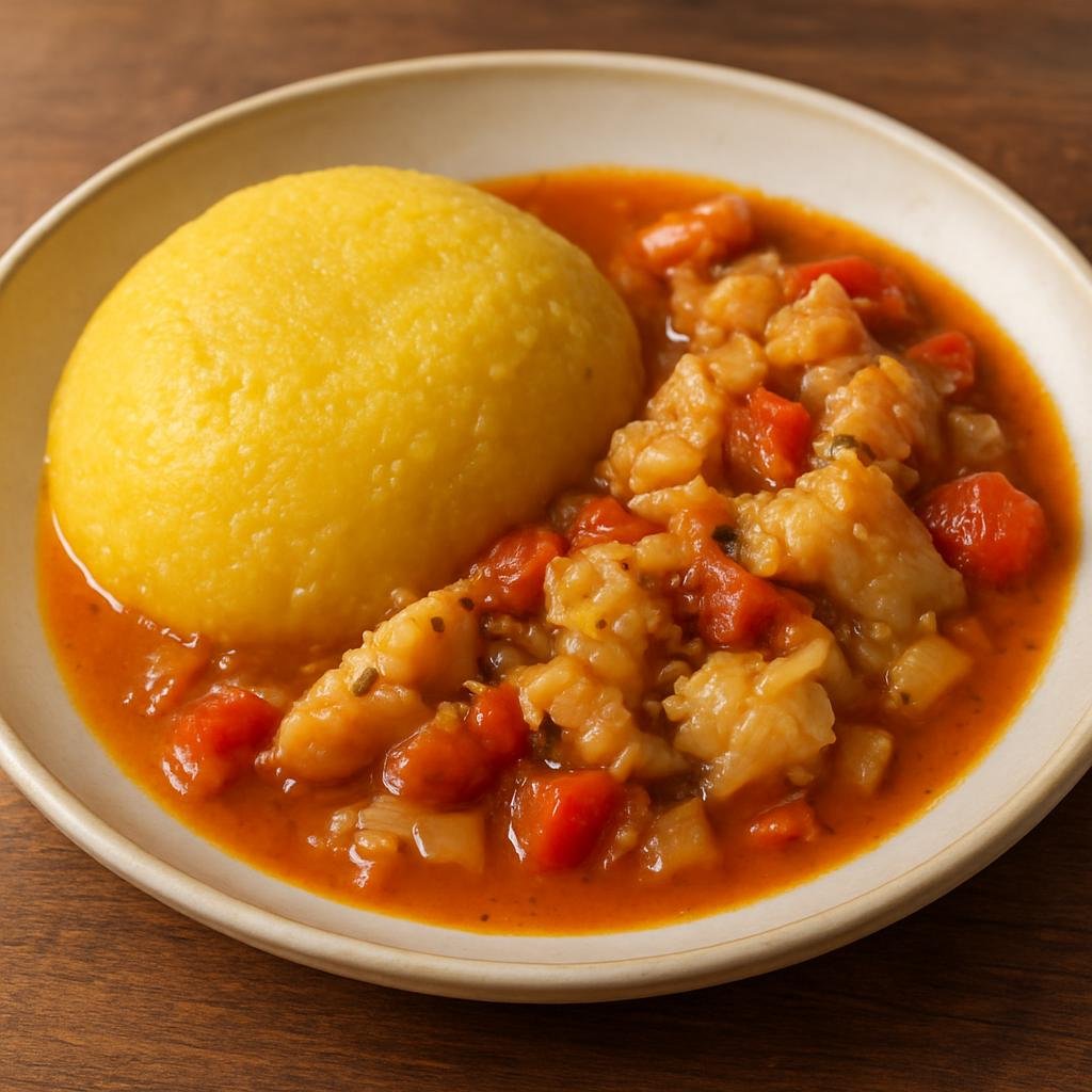 Entree: Curacao – Central Culinary Region – Funchi (Firm cornmeal porridge served with a savory salted cod stew) recipe