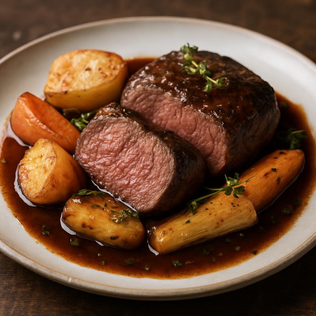 Entree: Falkland Islands (Malvinas) – Central Culinary Region – Falkland Islands Venison (Roast venison with herb-infused jus and root vegetables typical of the Falkland Islands) recipe