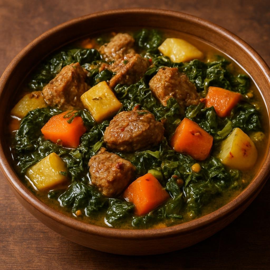 Entree: Haiti – Legim (A hearty Haitian vegetable stew of simmered greens and root vegetables cooked with seasoned meat and aromatic epis) recipe