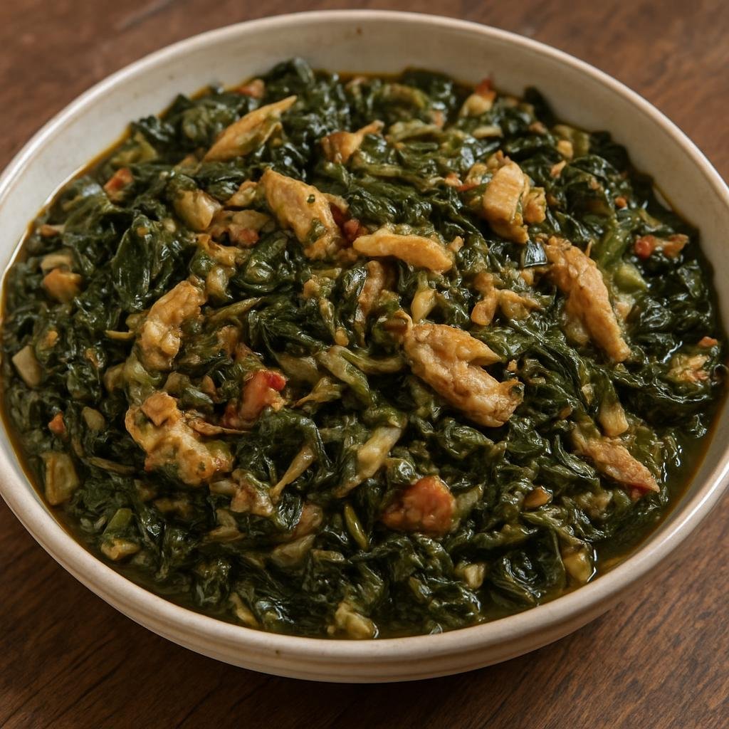 Entree: Jamaica – Callaloo and Saltfish (Stewed callaloo leafy greens cooked with salted cod and aromatic Jamaican seasonings) recipe