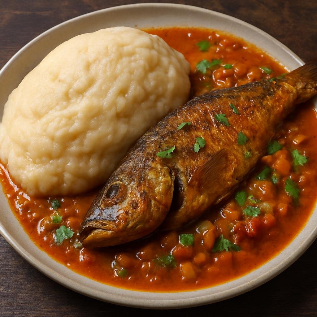 Entree: Malawi – Kondowole with Fish (Thick cassava-based staple porridge served with a spiced stewed freshwater fish) recipe