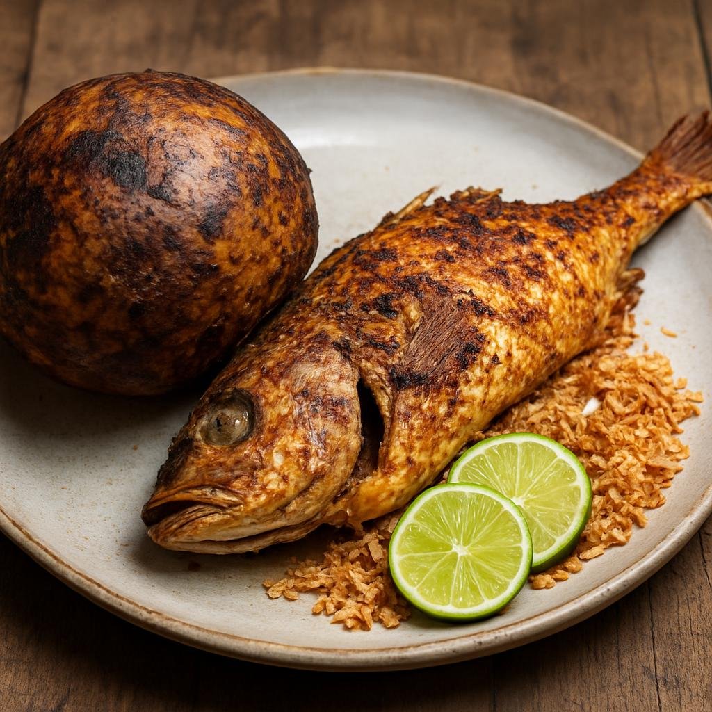 Entree: Nauru – Roasted Breadfruit with Fish (Whole roasted breadfruit served alongside seasoned roasted fish with coconut and lime flavors) recipe