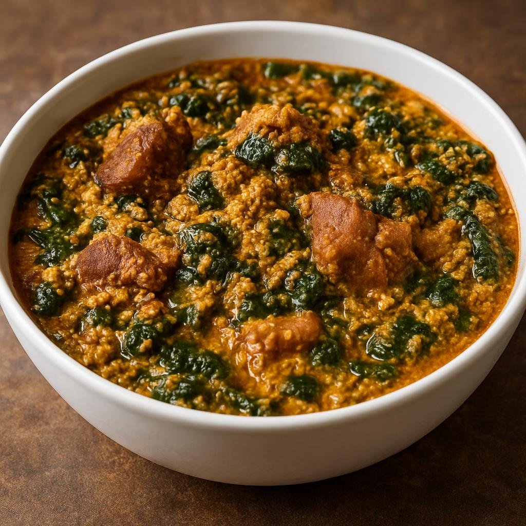 Entree: Niger – Egusi Soup (Thick West African stew made with ground melon seeds, leafy greens, and meat) recipe