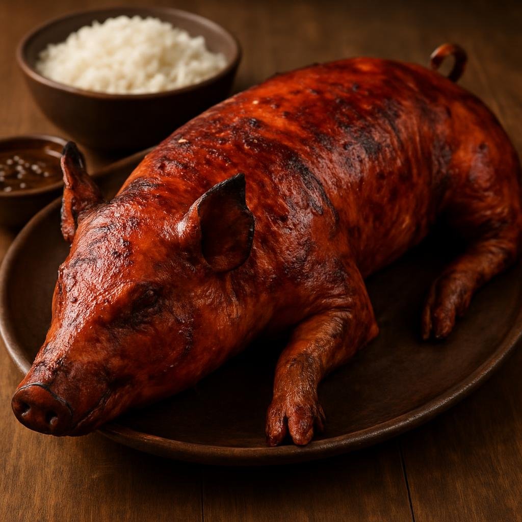 Entree: Palau – Roast Pig (A whole pig slow-roasted over coals or in an oven until the skin is crisp and the meat is tender) recipe