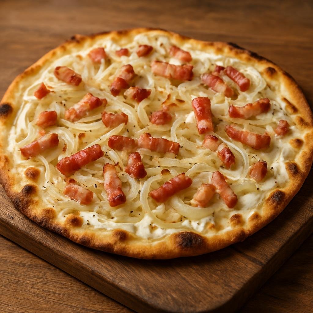Entree: Saint Pierre and Miquelon – Tarte Flambée (Very thin, crisp flatbread topped with crème fraîche, thinly sliced onions, and lardons) recipe