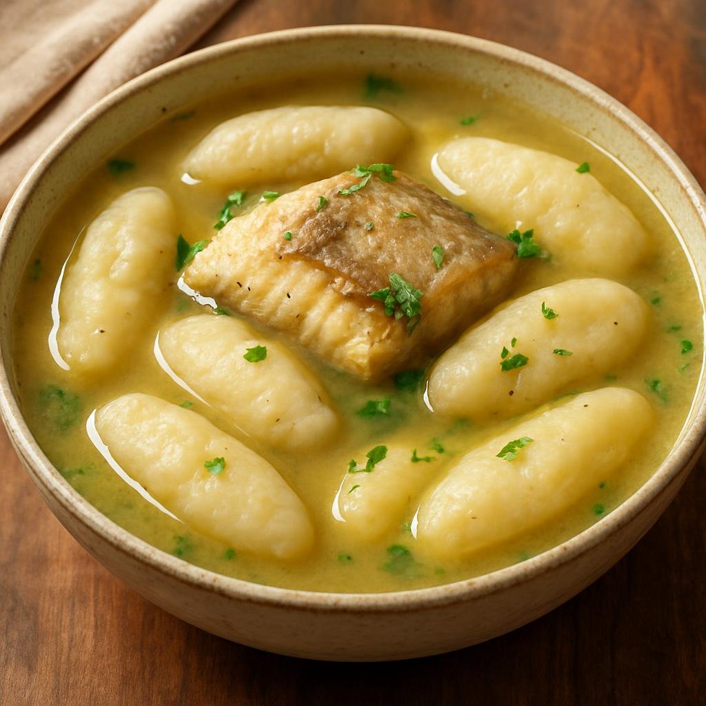 Entree: Saint Vincent and the Grenadines – Arrowroot Dumplings (Boiled starchy dumplings made from arrowroot flour, served in a coconut-scented broth with fish) recipe